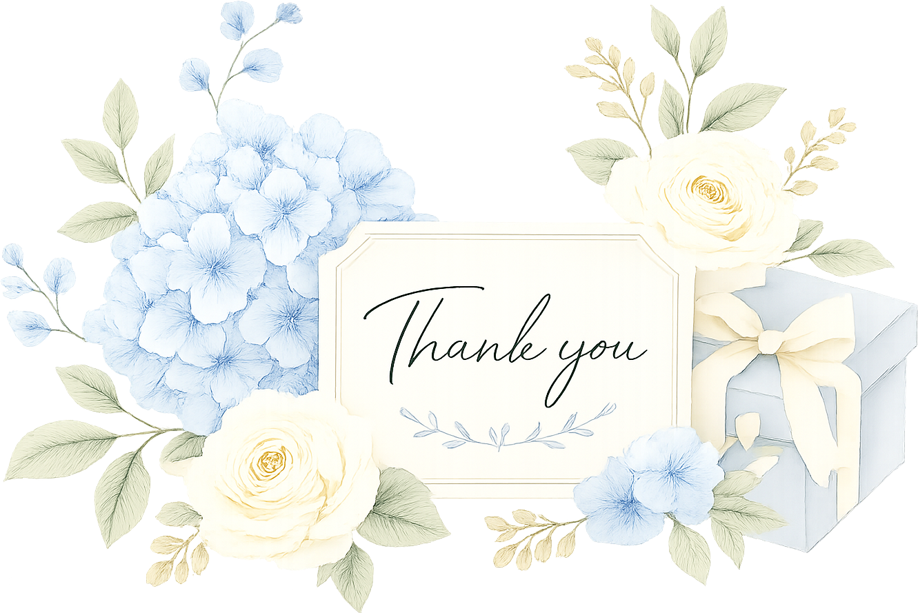 Watercolor wedding gifts and flowers with a thank you card